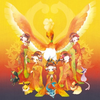 The legendary Ho-Oh with the Kimono girls and their Eevee forms.